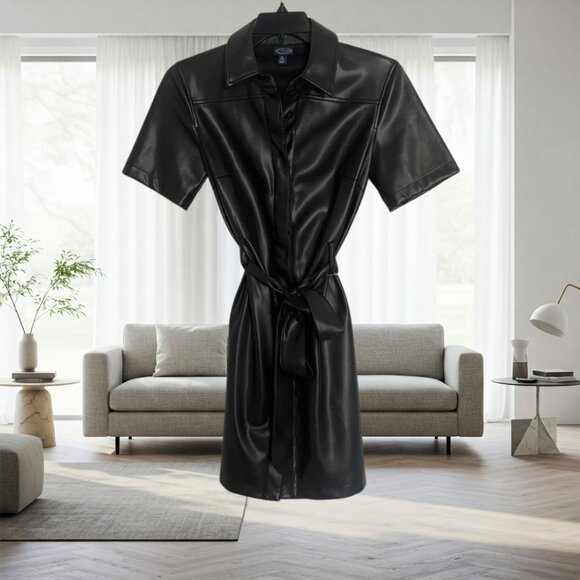 NWT Scoop Black Vegan Leather Mini Shirt Dress with Belt & Pockets – Size XS - Picture 2 of 13